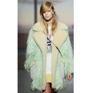 Coach Fluff Oversized Coat Mint Green Faux Fur Size Large Leather Pockets